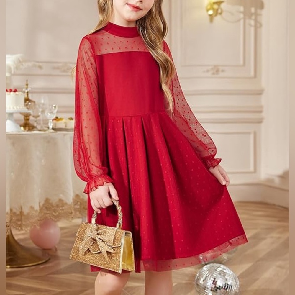💕 Girls Contrast Mesh Long Sleeves Dress
